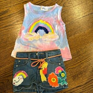 Lola and the Boys rainbow sequins top and Sara Sara sequins patched jean shorts